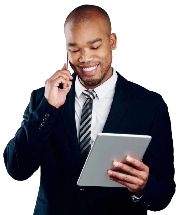 man on phone with tablet
